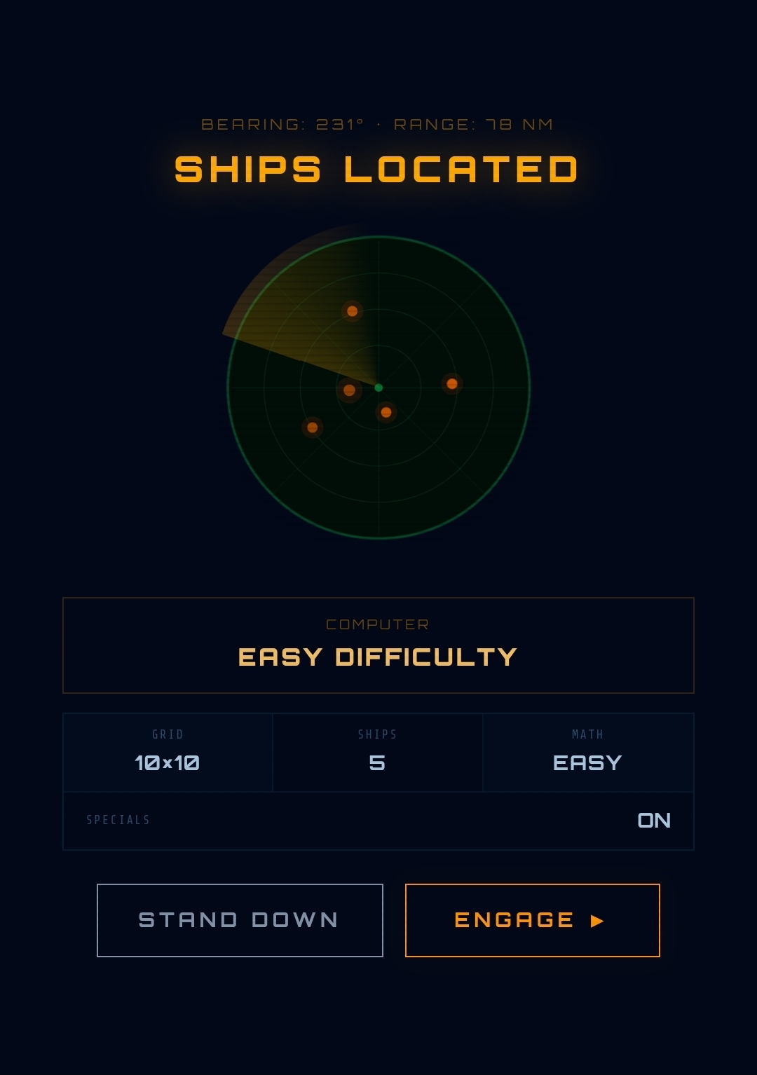Battle Sums radar — ships located